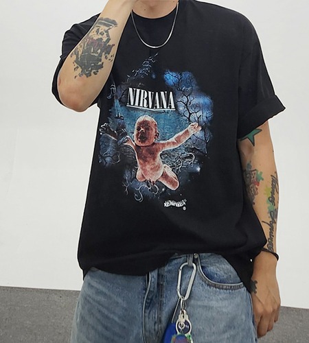 베이비 포인트 스트릿 남자 여름 오버핏 반팔 티셔츠